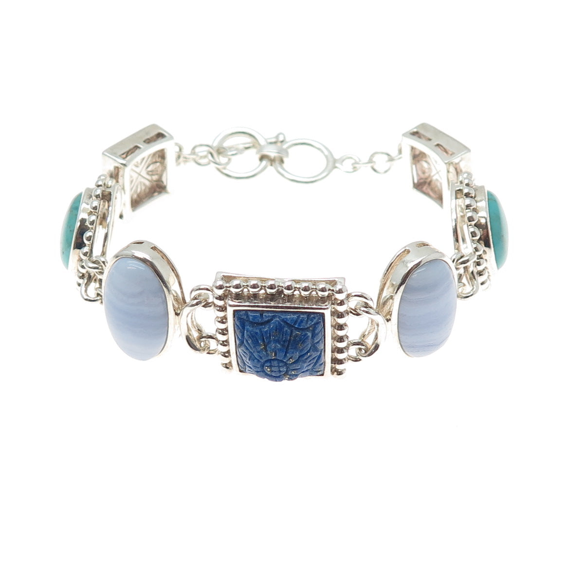 WHITNEY KELLY Sterling Silver Vintage Agate Turquoise Lapis MOP Bracelet 7-7.25"