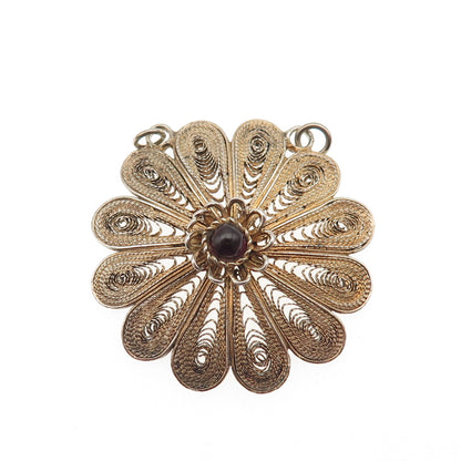 925 Sterling Gold Plated Vintage Real Garnet Filigree Flower Centerpiece Pendant