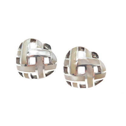 925 Sterling Silver Vintage Real MOP Woven Heart Stud Earrings