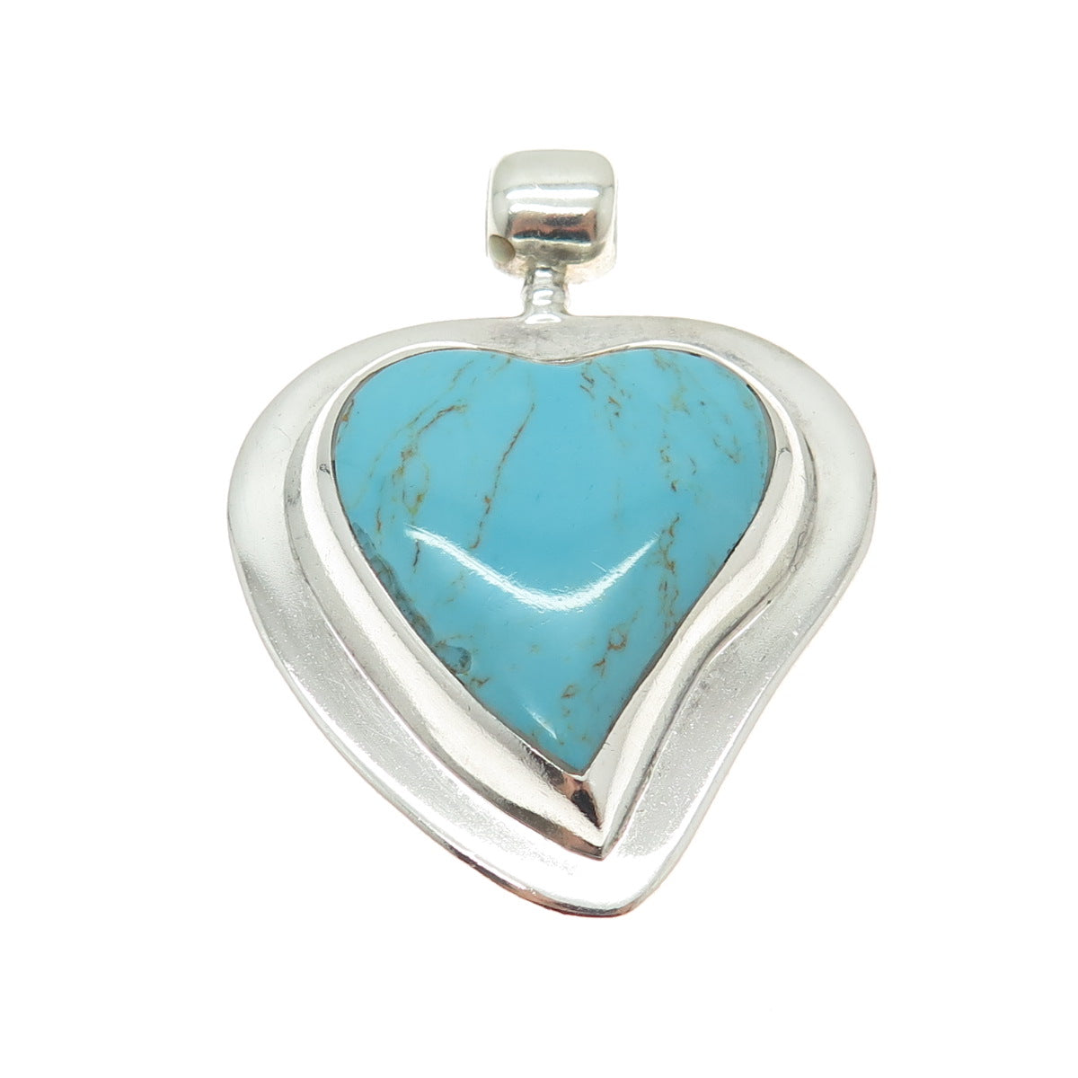 ATI 925 Sterling Silver Vintage Mexico Real Turquoise Gem Heart Slide Pendant