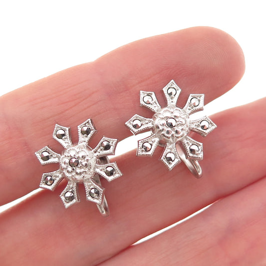 925 Sterling Silver Vintage Real Marcasite Floral Screw Back Earrings