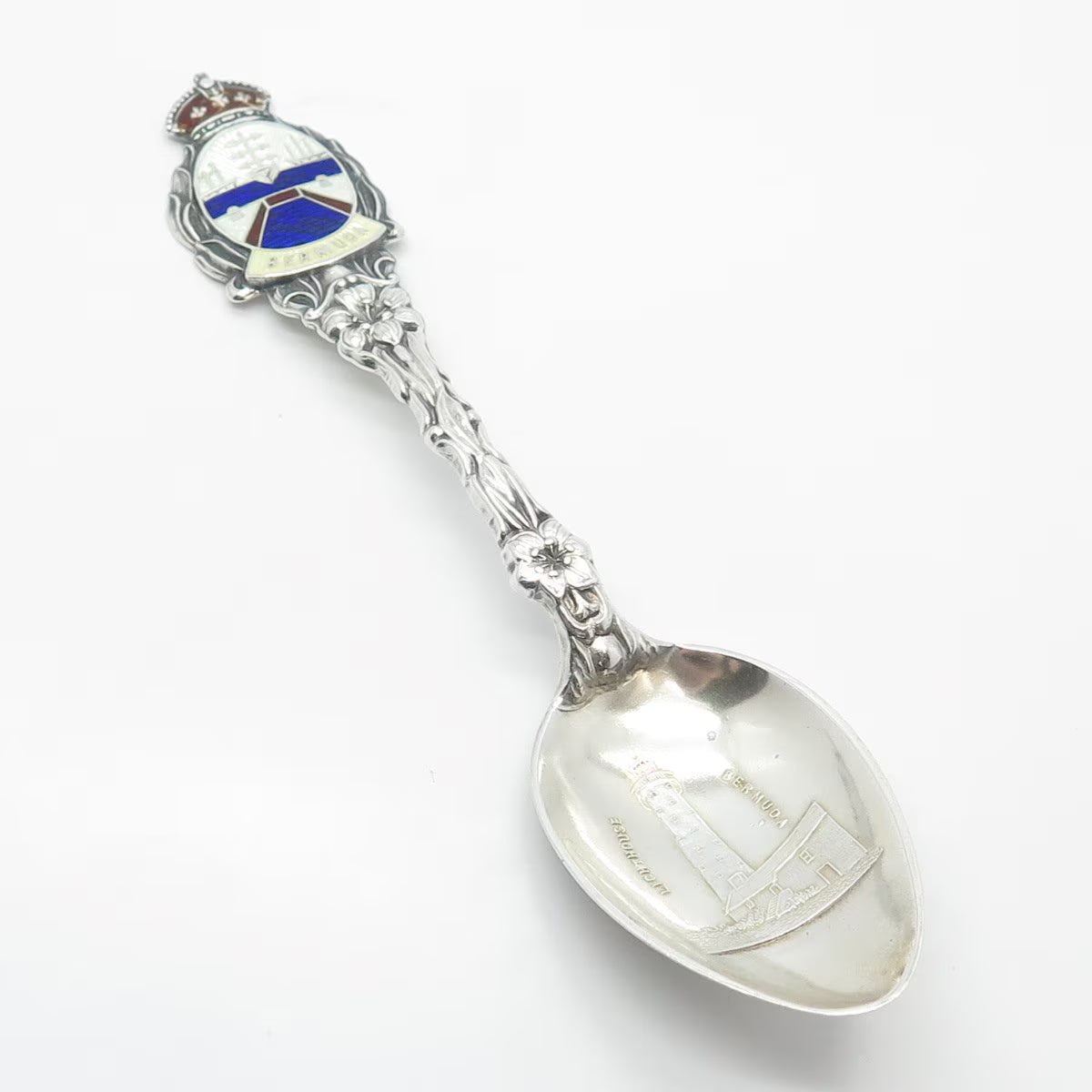 925 Sterling Silver Antique Enamel "Bermuda" Floral Spoon