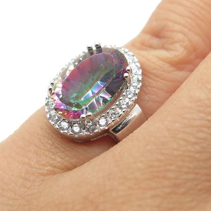 925 Sterling Silver Real Mystic Quartz & Round-Cut C Z Ring Size 4.75