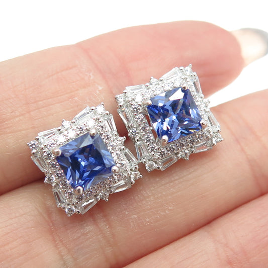 925 Sterling Silver White & Blue C Z Stud Earrings