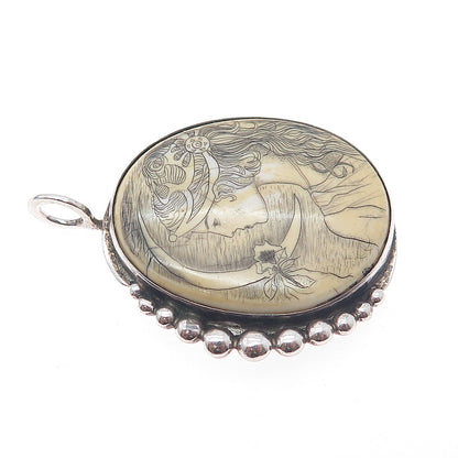 Old Pawn 925 Sterling Silver Vintage Southwestern Lady Cameo Oxidized Pendant