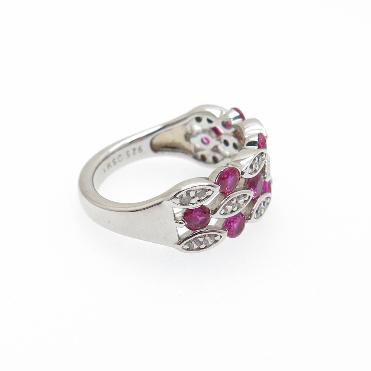 DSMK 925 Sterling Silver Lab-Created Pink Sapphire & C Z Cluster Ring Size 7.25
