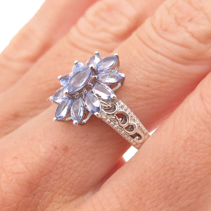 D'Joy 925 Sterling Silver Real Marquise-Cut Tanzanite Floral Ring Size 8