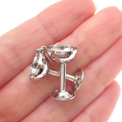 Art's Elegance 925 Sterling Vintage Crossed Champagne Glasses 3D Charm Pendant