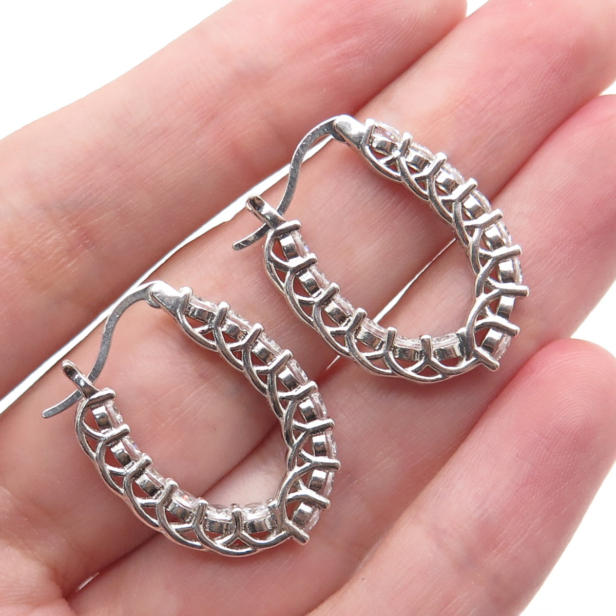 925 Sterling Silver Round-Cut C Z In & Out Hoop Earrings
