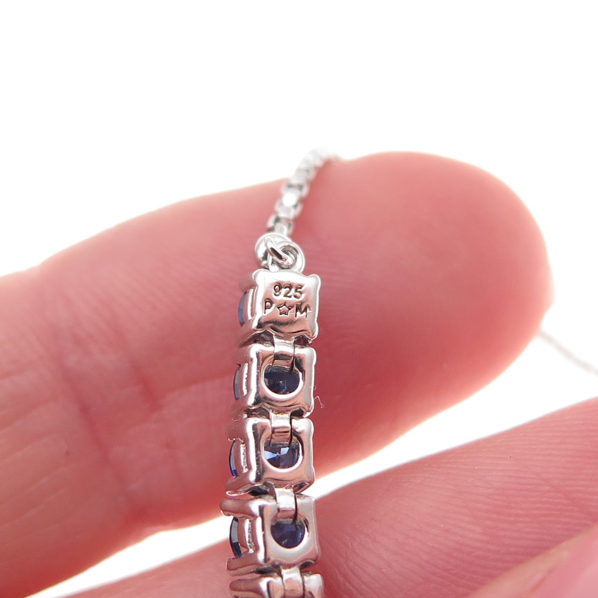 925 Sterling Lab-Created Sapphire Round Box Link Adjustable Bracelet 7-9.75"