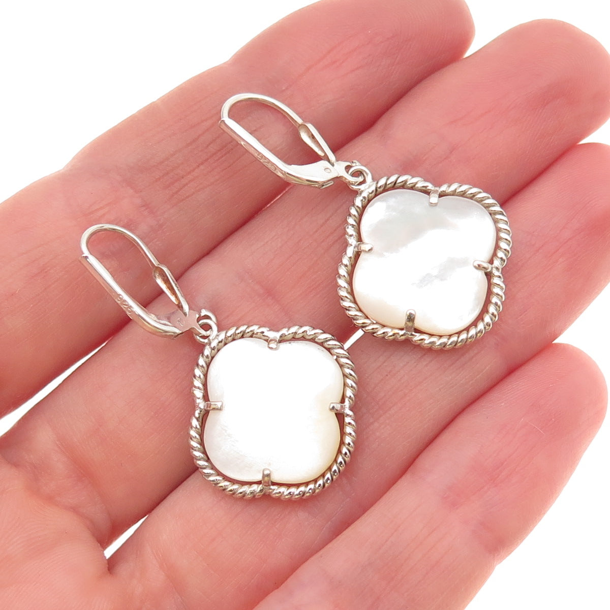 925 Sterling Silver Vintage Real MOP Floral Dangle Earrings