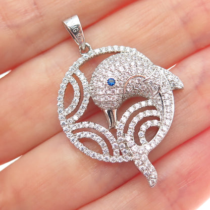 925 Sterling Silver Round-Cut Blue & White C Z Dolphin Charm Pendant