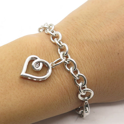 925 Sterling Silver Real Round-Cut Diamond Heart Rolo Cable Link Bracelet 6.75"