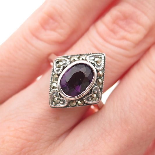 Chapal Zenray 925 Sterling Silver Vintage Real Amethyst & Marcasite Ring Size 6