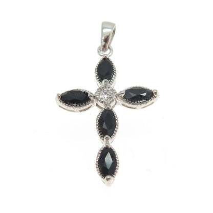 925 Sterling Silver White & Black C Z Cross Pendant