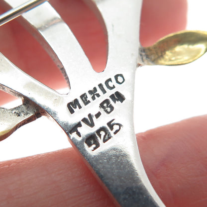 925 Sterling Silver 2-Tone Vintage Mexico Bird on the Tree Pin Brooch