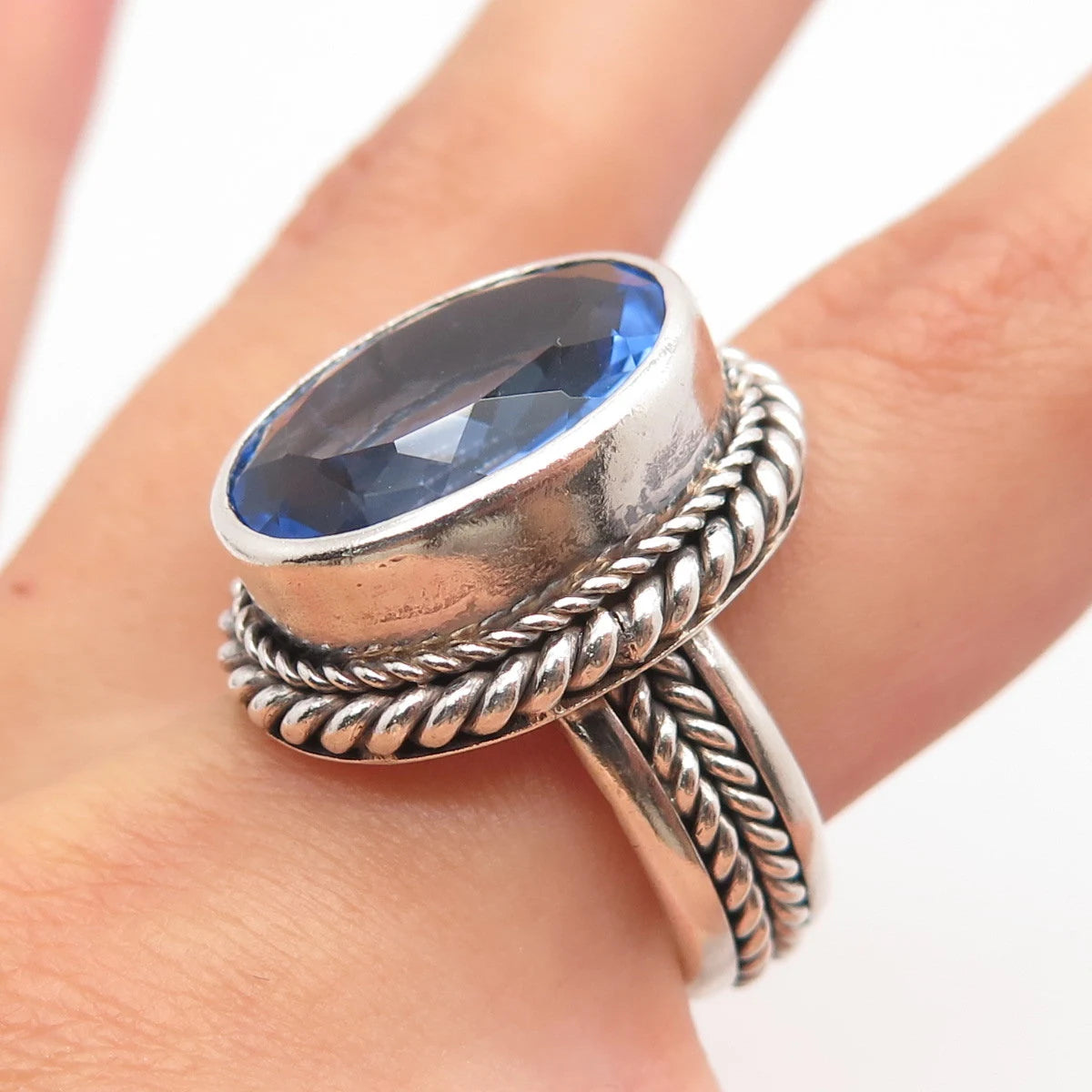 925 Sterling Silver Vintage AF Glass Twisted Oval Ring Size 7.75
