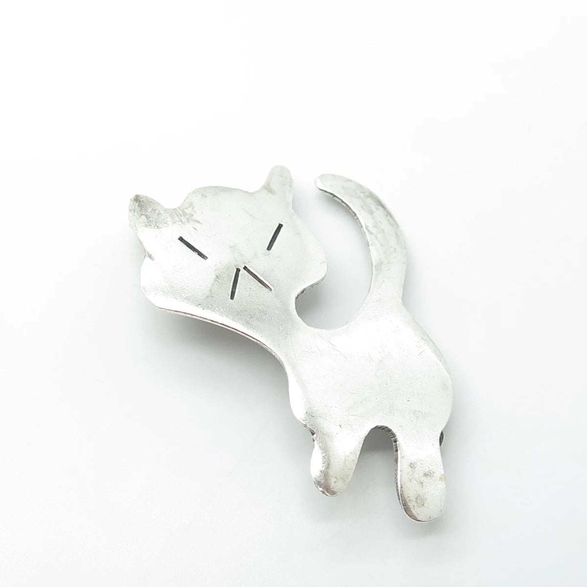925 Sterling Silver Vintage Mexico Angry Cat Modernist Pin Brooch