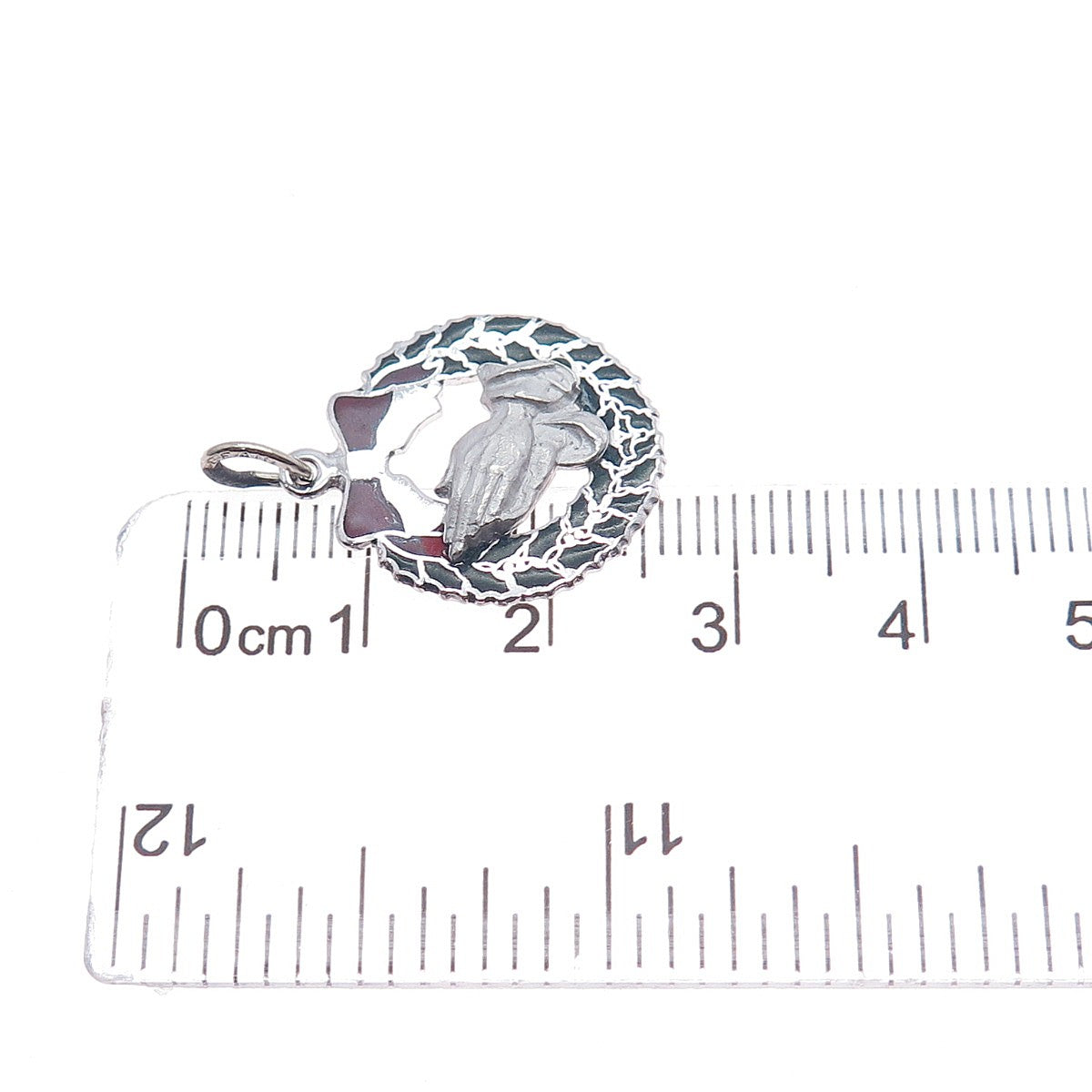 BEAU 925 Sterling Silver Vintage Enamel Christmas Wreath Praying Hands Pendant