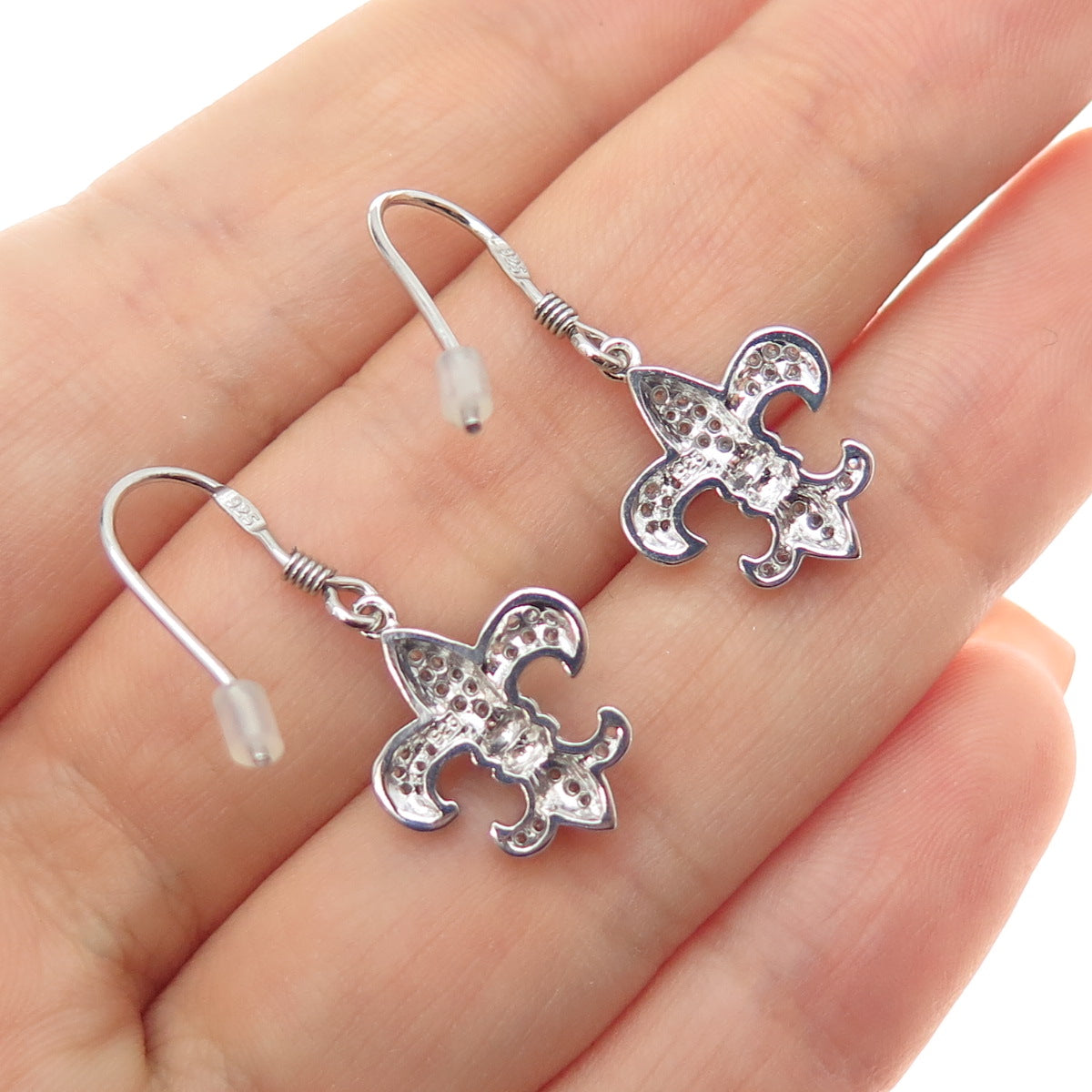 925 Sterling Silver Round-Cut C Z Fleur de Lis Dangle Earrings