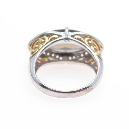 925 Sterling Silver 2-Tone Real Smoky Quartz & White Topaz Ring Size 9.25