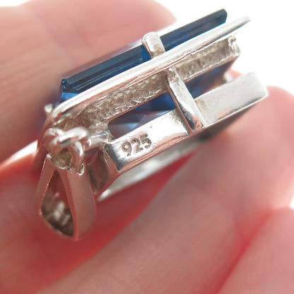 925 Sterling Silver Vintage Checkered Blue Glass Modernist Pendant