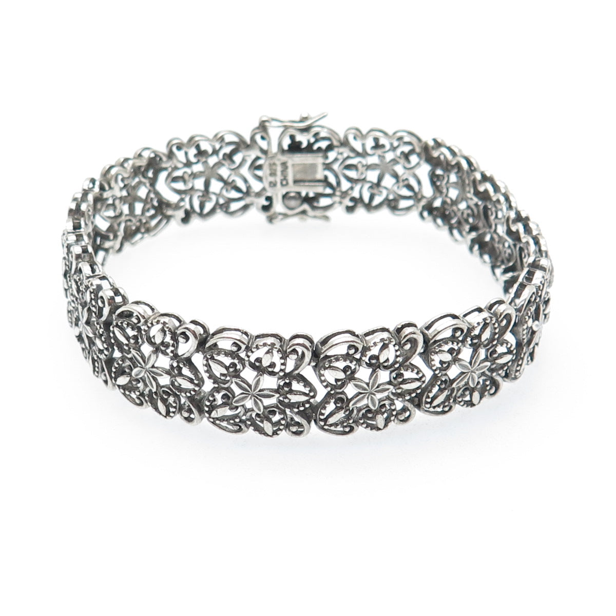 ROSS SIMONS Sterling Silver Vintage Flower & Heart Oxidized Link Bracelet 7.25"