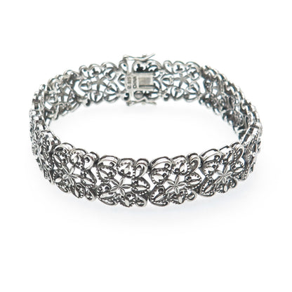ROSS SIMONS Sterling Silver Vintage Flower & Heart Oxidized Link Bracelet 7.25"