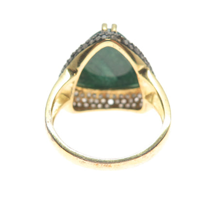 925 Sterling Gold Plated Real Diamond Malachite Ring Size 8.5 (missing 1 stone)