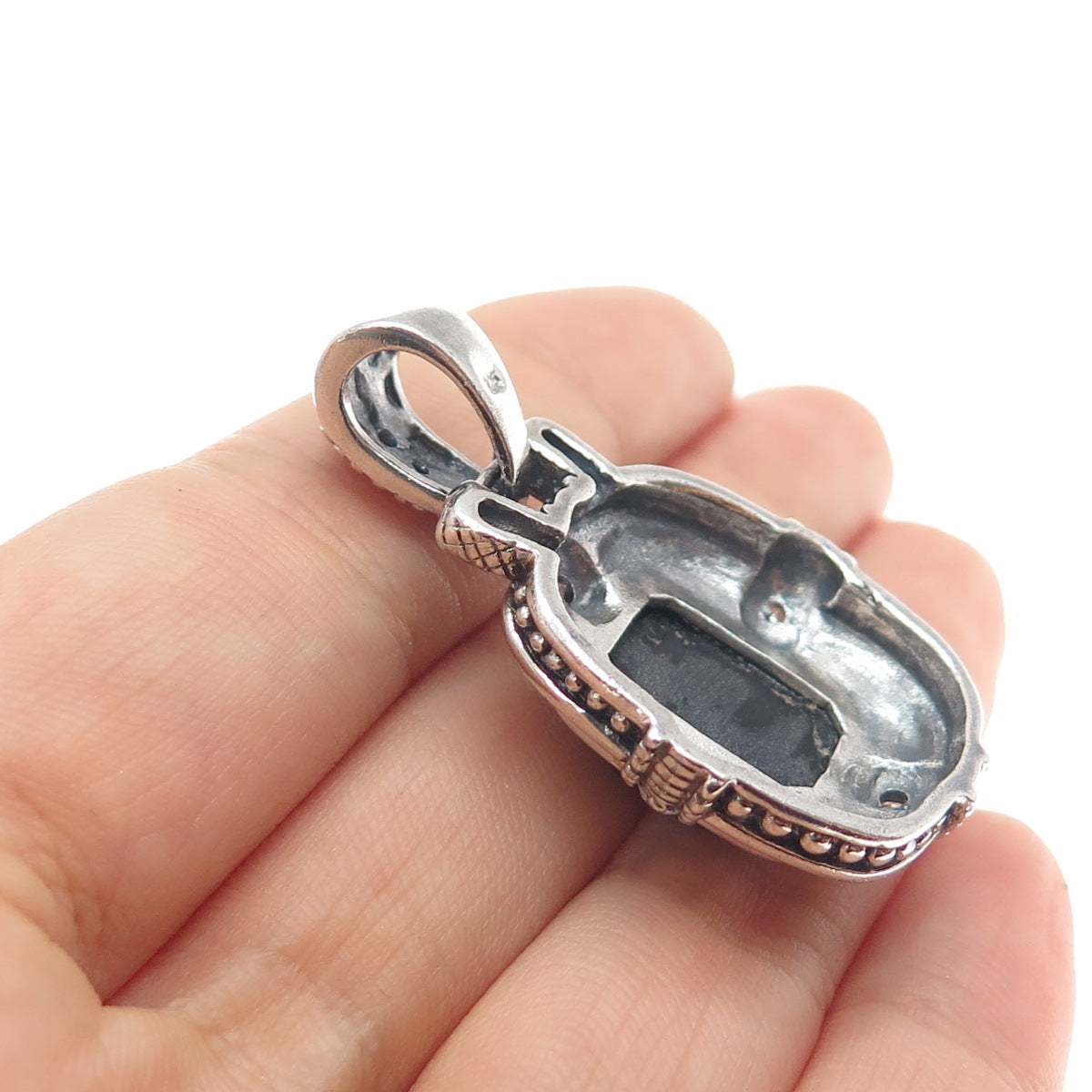 925 Sterling Silver Vintage Real Black Onyx & C Z Oxidized Charm Pendant