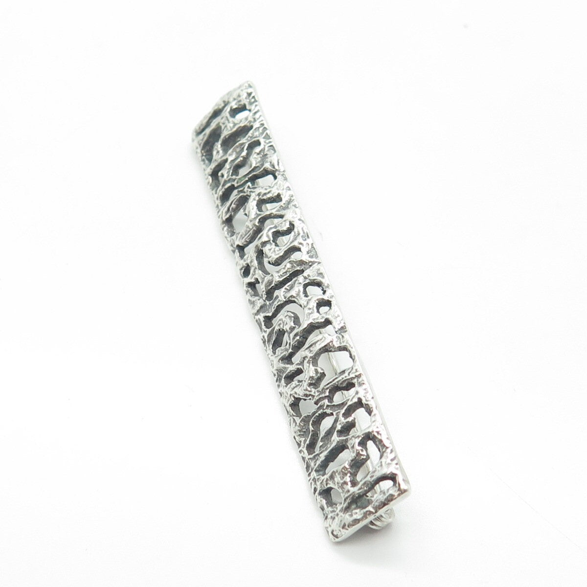 835 Silver Vintage Vague Oxidized Perforated Rectangle Pin Brooch