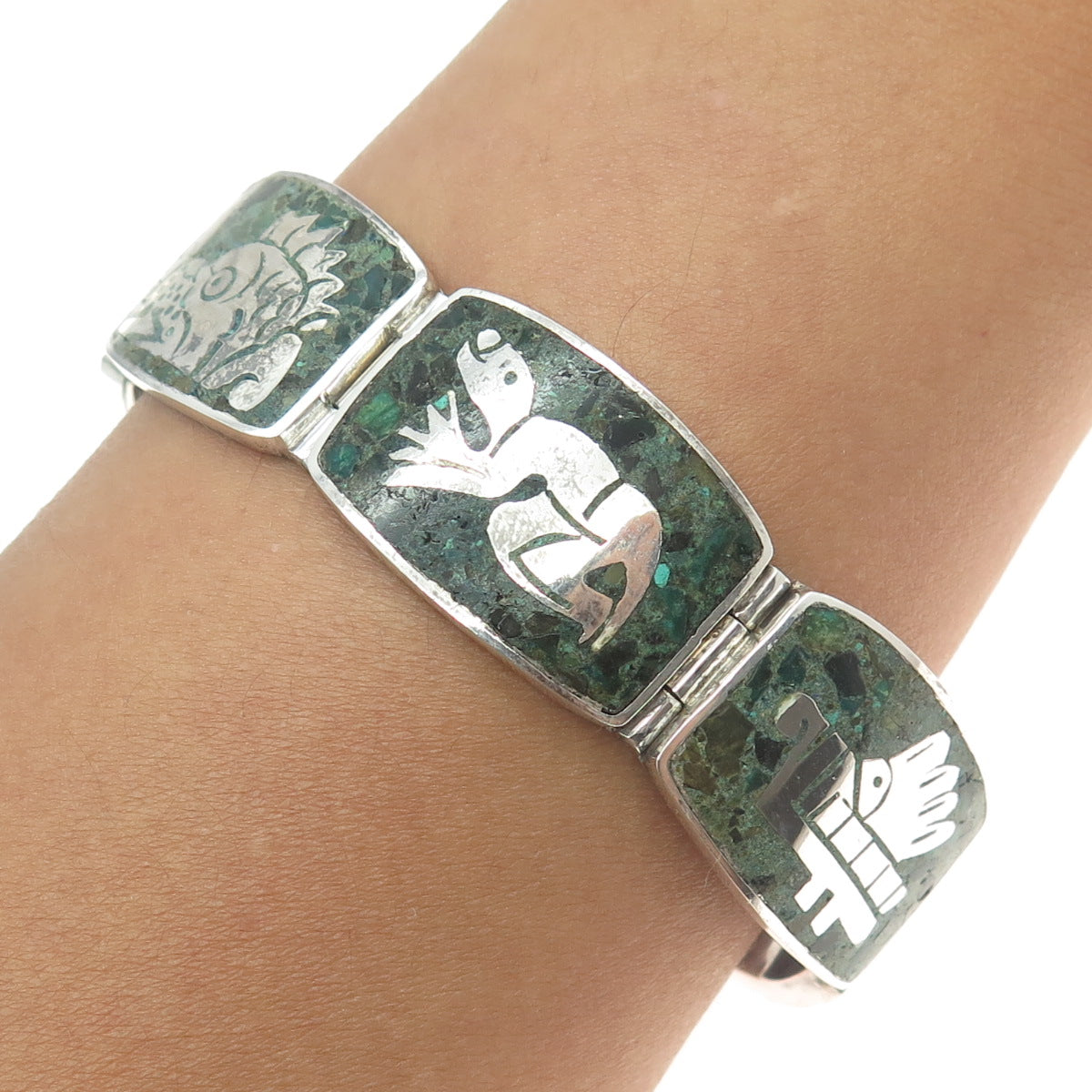 MIGUEL MELENDEZ Sterling Silver Vintage Mexico Azurite Tribal Animal Bracelet 7"