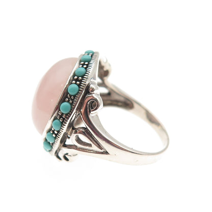 925 Sterling Silver Vintage Real Rose Quartz Turquoise Modernist Ring Size 7.75
