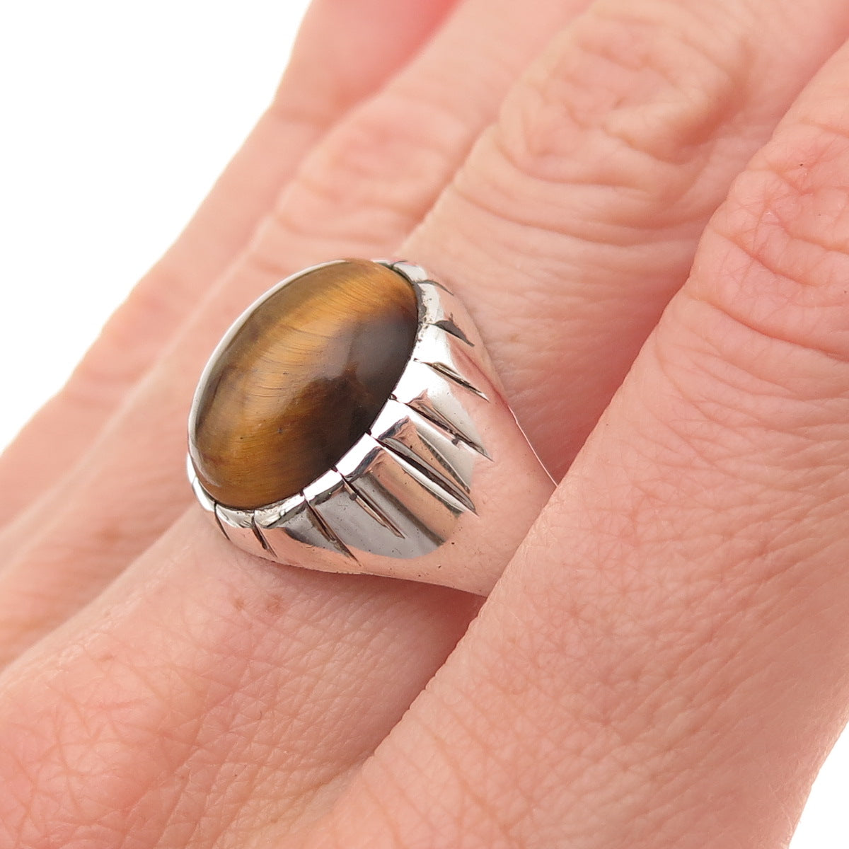 925 Sterling Silver Vintage Real Tiger Eye Modernist Oxidized Ring Size 11.5