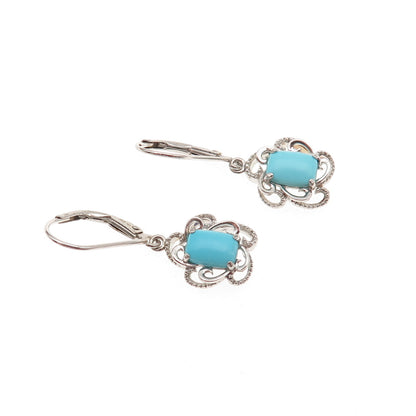 925 Sterling Silver Real Sleeping Beauty Turquoise Floral Dangle Earrings