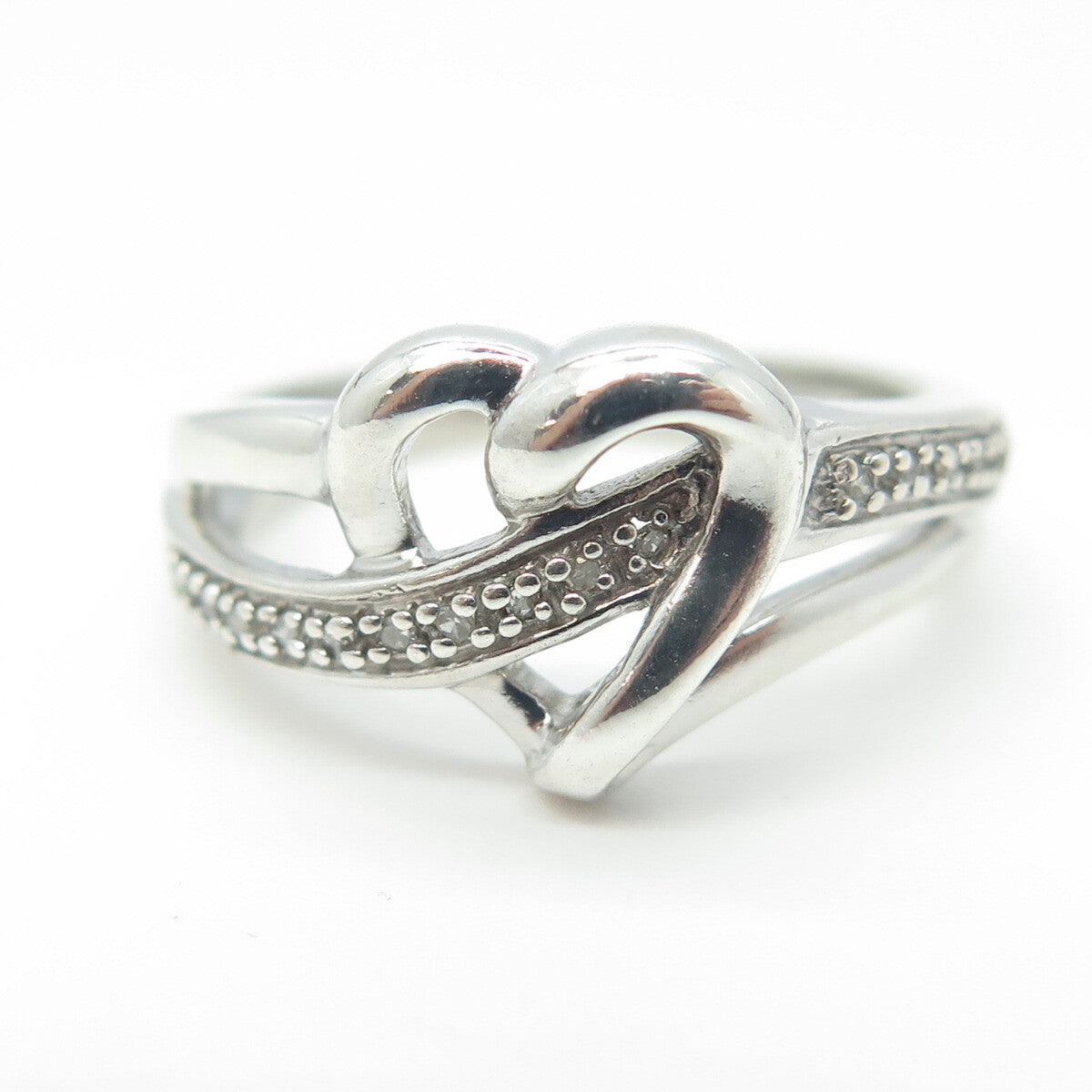 925 Sterling Silver Real Round-Cut White Diamond Heart Ring Size 6.75