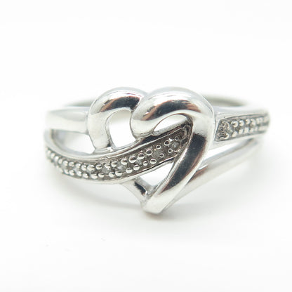 925 Sterling Silver Real Round-Cut White Diamond Heart Ring Size 6.75