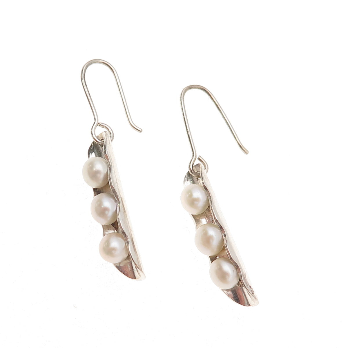 950 Silver Vintage Real Pearl Modernist Peapod Dangle Earrings