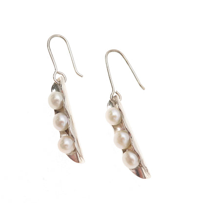 950 Silver Vintage Real Pearl Modernist Peapod Dangle Earrings