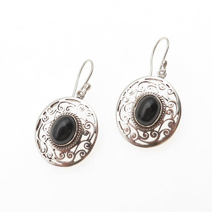 925 Sterling Silver Vintage Real Black Onyx Swirl Earrings