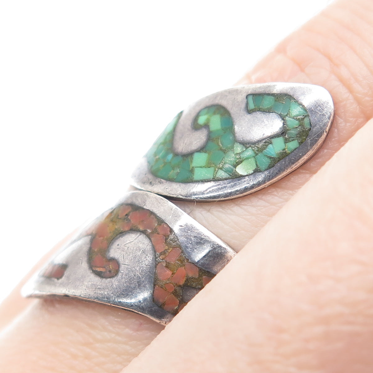 NELSON PIASO Old Pawn Sterling Turquoise & Coral Inlay Adjustable Ring Size 7