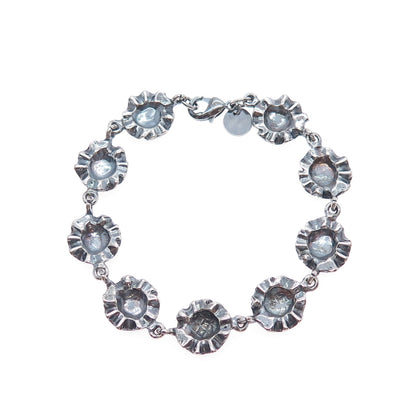 925 Sterling Silver Vintage Modernist Oxidized Flower Link Bracelet 7"