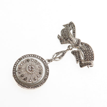 Kimler & Daniel Sterling Antique Art Deco Real MOP Marcasite Bow Locket Brooch