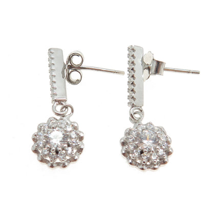 925 Sterling Silver Round-Cut C Z Floral Drop Dangling Earrings