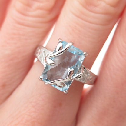925 Sterling Silver Real Radiant-Cut Blue Topaz Floral Scroll Ring Size 7