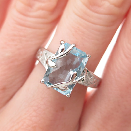 925 Sterling Silver Real Radiant-Cut Blue Topaz Floral Scroll Ring Size 7