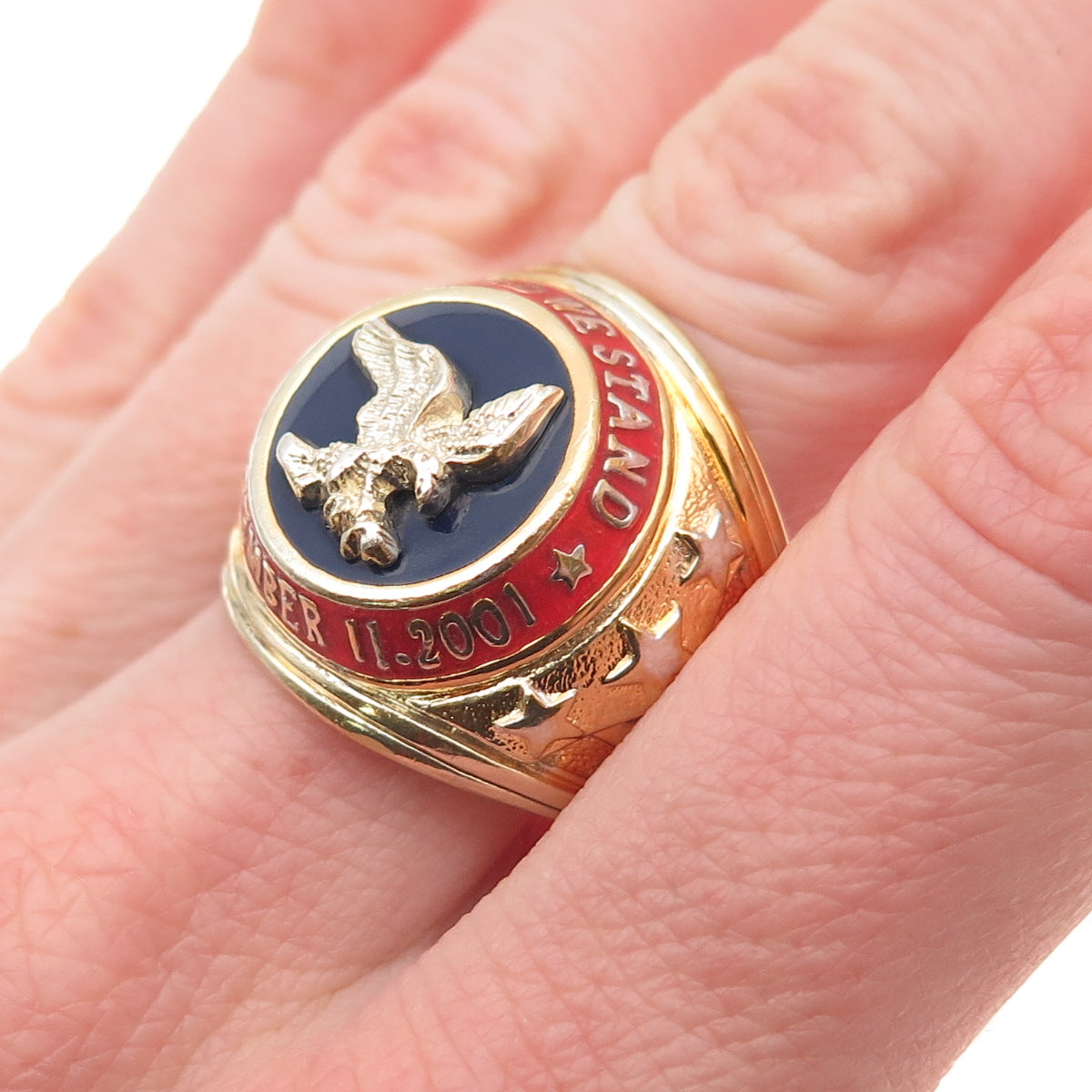 Franklin Mint 925 Sterling Silver Gold Plated Vintage Enamel 9/11 Ring Size 10
