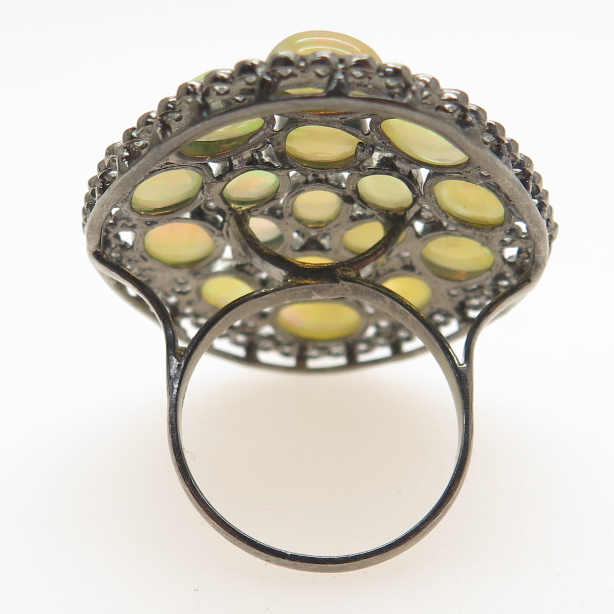 925 Sterling Silver Black Rhodium Real Opal & White Topaz Cluster Ring Size 6.75