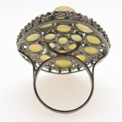 925 Sterling Silver Black Rhodium Real Opal & White Topaz Cluster Ring Size 6.75