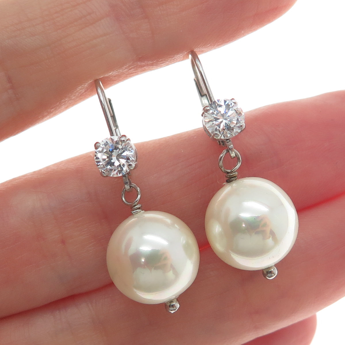 LUCAS LAMETH LUC 925 Sterling Silver Real Pearl & C Z Dangle Earrings
